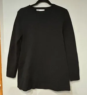 ZARA basic minimalist Black Long Sleeve Crew Neck knit Tunic‎ Top Size Medium thumbnail 1