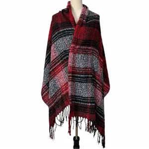 Plaid Blanket Scarf Shawl Wrap Red Black Gray Fringe Winter Poncho Oversized thumbnail 6
