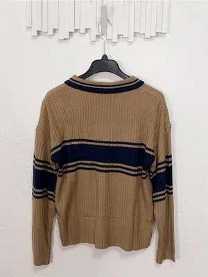 Miss Sparkling Camel Navy Striped Polo Collar Knit Sweater thumbnail 6