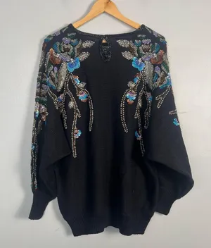 VTG Bonnie Boerer Floral Sequin Sweater Size 1X Black knit Y2K 90s beaded thumbnail 6