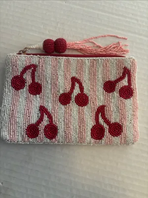CHERRY BEADED BAG WHITE PINK STRIPED WITH CHERRY DESIGN BEADED TASSEL ZIP PULL thumbnail 2