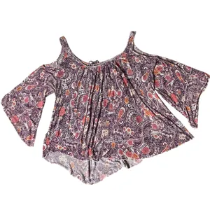 Free People Boho Cold Shoulder Blouse Womens Large Purple Paisley Bell Sleeve thumbnail 2