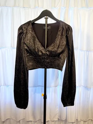LULUS In a Mood Black Satin Jacquard Long Sleeve Crop Top Size XS thumbnail 4