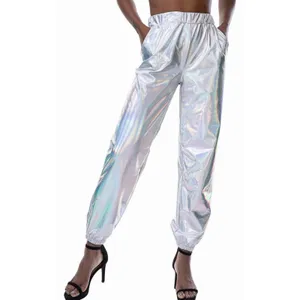 Women's Shiny Metallic High Waist Stretchy Jogger Pants Iridescent Silver XL thumbnail 2