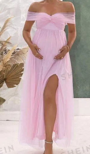 Pink Off The Shoulder Maternity Dress | Baby Shower Dress thumbnail 2