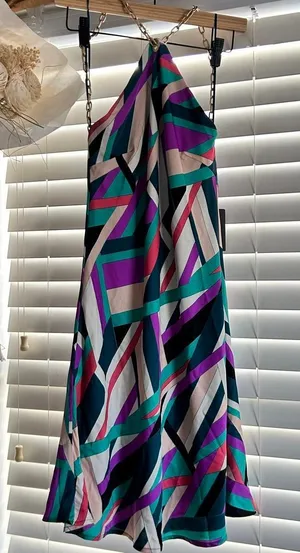 Festival party colorful Geometric Chain Strap open back halter Mini Dress M thumbnail 1