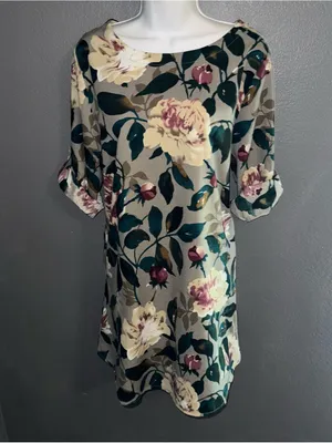 Women’s Floral Boutique Shift Short Sleeve Beige Brown Dress size Large thumbnail 6