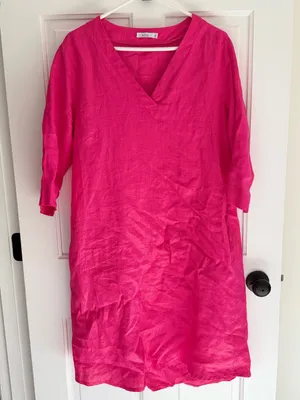Willow Hot‎ Pink 100% Linen V-Neck Pocket Shift Dress M thumbnail 1