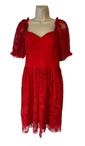 SBetro Plus 1XL Red Lace Overlay Puff Sleeve Sweetheart Mini Dress Coquette NWT thumbnail 1