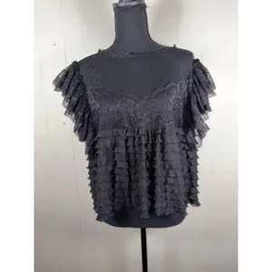 Maeve Anthropologie Black Ruffled Tulle Lace Blouse Sheer Polka Dot Mesh Top L thumbnail 3