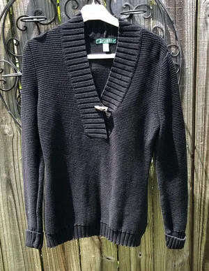 Lauren Ralph Lauren cotton Black knit sweater V Neck M thumbnail 1