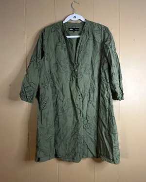 Zara Green Rubberized Openwork Embroidery Dress Size L thumbnail 1