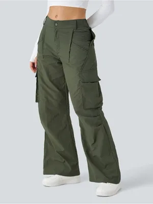 Halara 01HAL.- Mid Rise Button Zipper Side Pocket Wide Leg Baggy Casual Cargo Pants. thumbnail 4