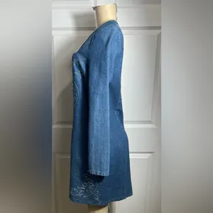 Avec Les Filles Western Embroidery Long Sleeve Straight Neck Denim Mini Dress thumbnail 11