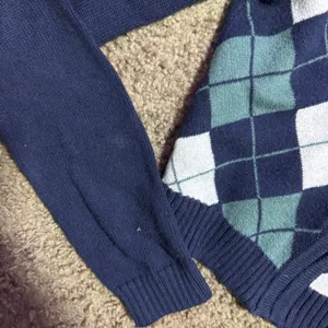 Hollister Argyle Zip Up Knit Hoodie Navy Blue Green Cropped Sweater XS‎ thumbnail 3