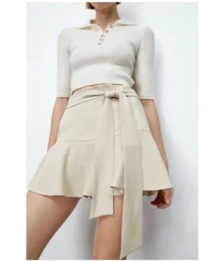 zara cream self tie belted waist ruffled hem skort thumbnail 2