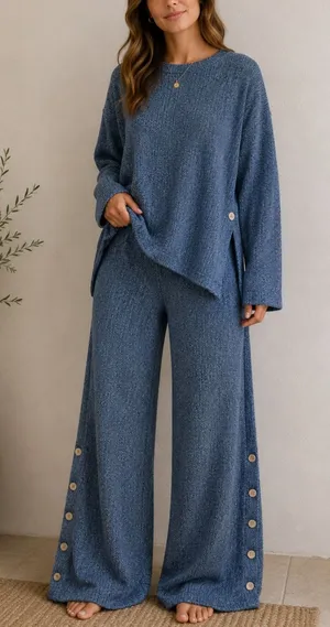NEW Free People Free-est Blue Sea Combo Cotton Button 2 Piece Wide Leg Set XS thumbnail 1