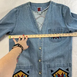 Vintage S Small Denim Jacket‎ Southwest Boho Aztec Embroidered Oversized USA thumbnail 9