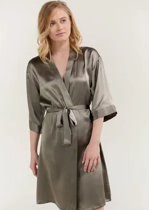 Women’s Pure Silk Mid-Length Robe In Olive Green thumbnail 1