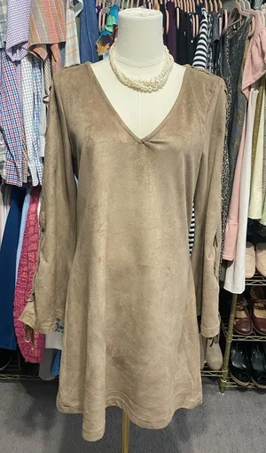 Union of Angels Faux Suede V-Neck Dress Lattice Sleeve Brown Medium thumbnail 1
