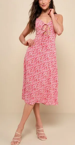 NWT Lulus Intricate Sweetness Red Floral Tie Front Sleeveless Midi Dress Size L thumbnail 1