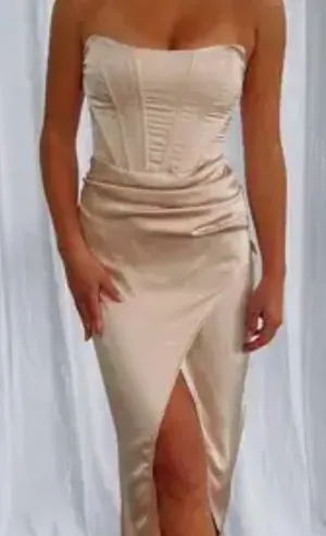 White Fox Boutique Ruched Wrap Front Corset Strapless Satin Midi Dress Medium thumbnail 1