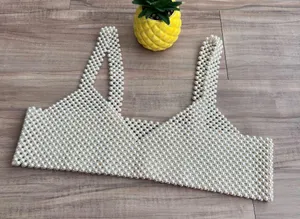 Elegant White Beaded Crop Top Size M thumbnail 3
