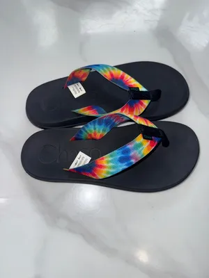 Chacos chillos Black Flip Flops with Rainbow Tie-Dye Straps thumbnail 3