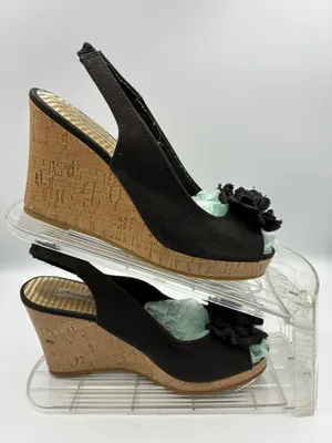 American Eagle Womens 6.5 Black Wedge Sandals Cork Heel Floral Toe Casual thumbnail 8