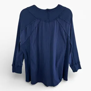 Soft Surroundings Navy Blue Cotton Mixed Ribbed Knit Button Detail V-Neck Top 2X thumbnail 2