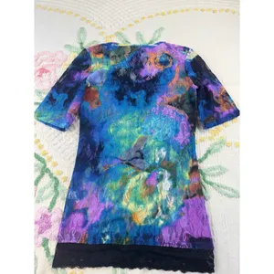 BKE Lace Overlay Tie Dye Short Sleeve Top Women M Blue‎ Purple Orange Black thumbnail 3
