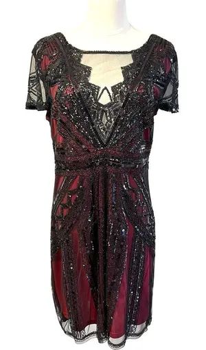 Womens Whimsigoth Dark Fairy Sequin Mesh Dress Size L Black Red Y2K 20s HOCO thumbnail 1