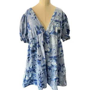 Altar'd State Women's size Large Blue Floral Linen Blend Fit Flare Dress V Neck thumbnail 4