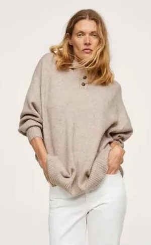 Mango MNG Women's Oversized Knit Polo Sweater Tan Marl Button Neck Large‎ thumbnail 1