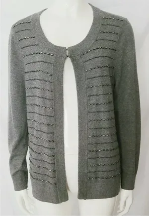 Talbots Gray Beaded‎ Embellished Open Cardigan Sweater Top Lambswool Blend Sz PM thumbnail 1