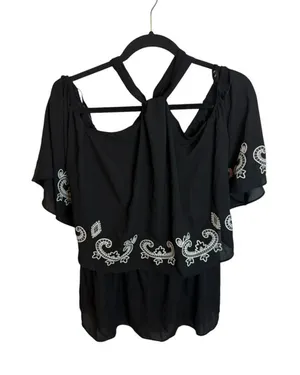 Nwt New York and Company Black Ruffle Embroidered Halter Blouse thumbnail 1