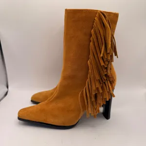Predictions Leather Collection Tan Suede Fringe Square Pointed Toe Boots Size 7 thumbnail 8
