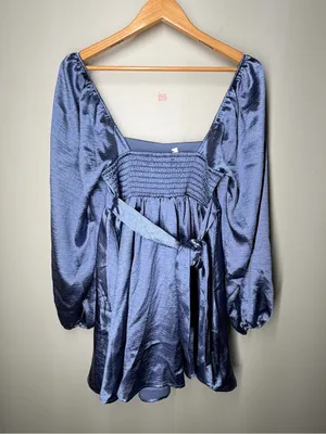 NEW Altar’d State Blue Satin Square Neck Puff Sleeve Dress Back Bow Cocktail thumbnail 10