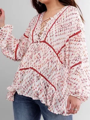Miss Me Boho Woven Pointelle Lace Up Dolman Sleeves Peasant Top, Sz Medium thumbnail 2