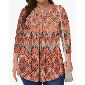 Womens Orange Ikat Geometric Print Tunic‎ Top 3/4 Sleeve Scoop Neck Boho Medium thumbnail 3