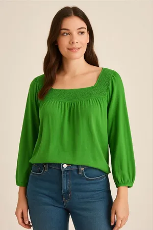 Old Navy Bright Green Square-Neck Smocked Yoke Blouse thumbnail 1