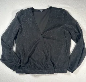 Madewell Lyric Wrap Longsleeve Top Shirt Women X-Small Black Shimmer AF678 thumbnail 1