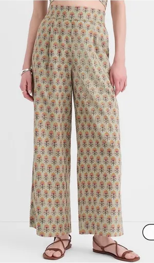 LOFT Beach Floral Linen Cotton Wide Leg Pants Large Petite LP thumbnail 1