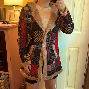 Patterned Fuzzy Lined Hoodie Jacket Tan Size M thumbnail 3