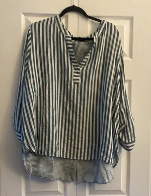 Jane + Delancey Striped Tunic Womens Size 2X Blue White Roll Tab Rayon Oversized thumbnail 1
