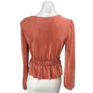 Blashe Orange Long Sleeve Plunge V-Neck Cinched Waist Tie Peplum Blouse Top Sz S thumbnail 2