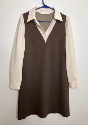 Goelia Layered Mini Dress Womens S Brown Excellent Herringbone V-Neck Preppy thumbnail 1