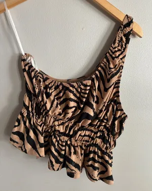 Zebra Print Ruched Peplum Tank Top Ruffle Stretch Tan Black Size Small thumbnail 1