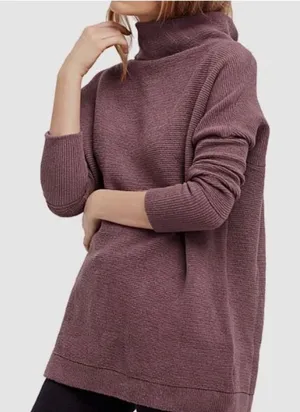 Free People Ottoman Slouchy Tunic Sweater Plum Brown Mock Neck Ribbed Size Small thumbnail 1