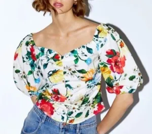 Zara Floral Puff Sleeve Blouse Off Shoulder Smocked Back M Romantic Cottage thumbnail 1